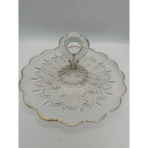 Center Handle Tray Feather by JEANNETTE Glass 12" x 6" Gold Trim Cottage Core